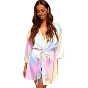 NWT OW Intimates Pastel Rainbow Kimono Open Satin Style Tie Waist Robe Small